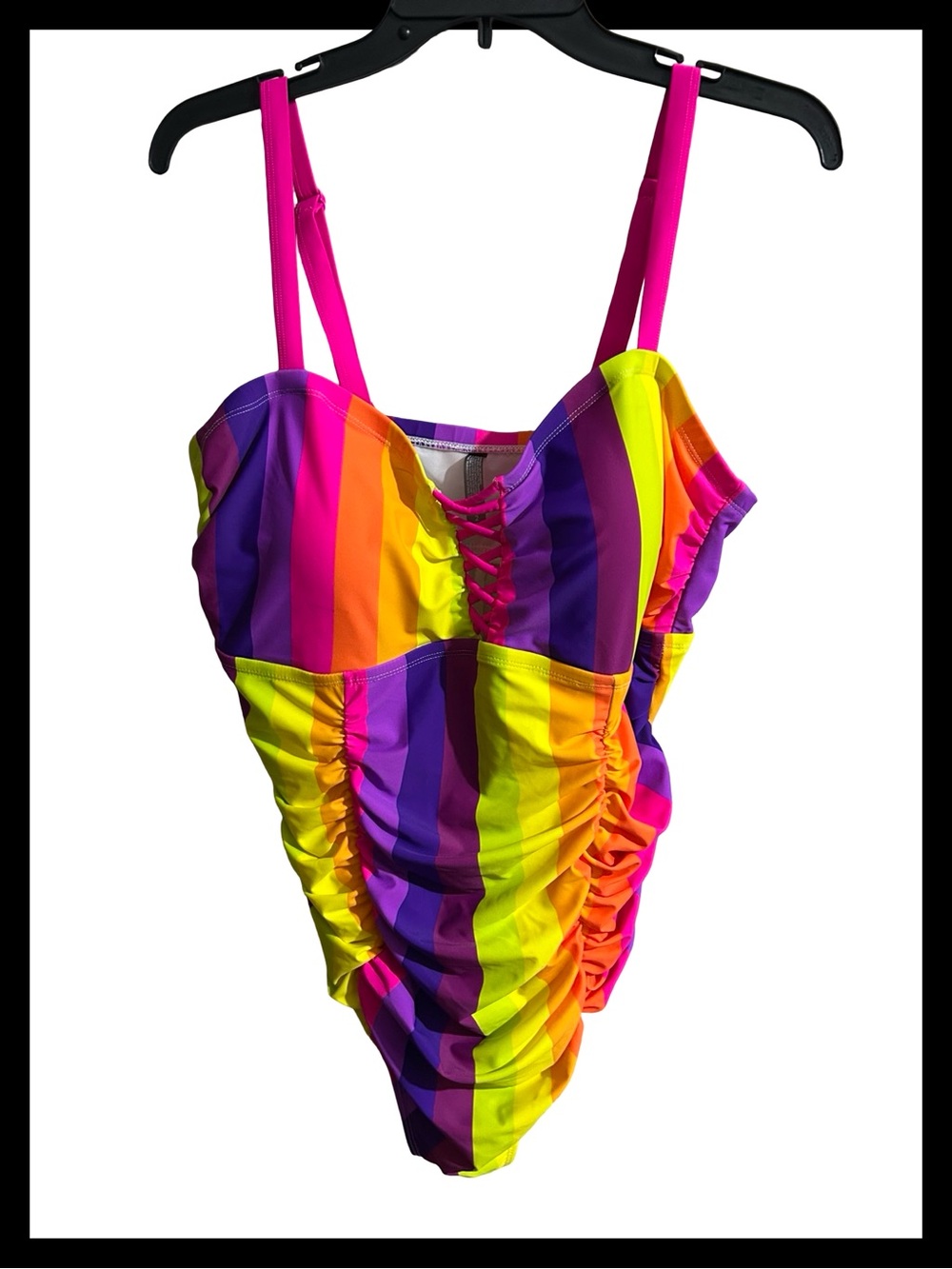 NWOT Women’s Plus Size Slim Fix Lattice Neon Stripe One-Piece Swimsuit -